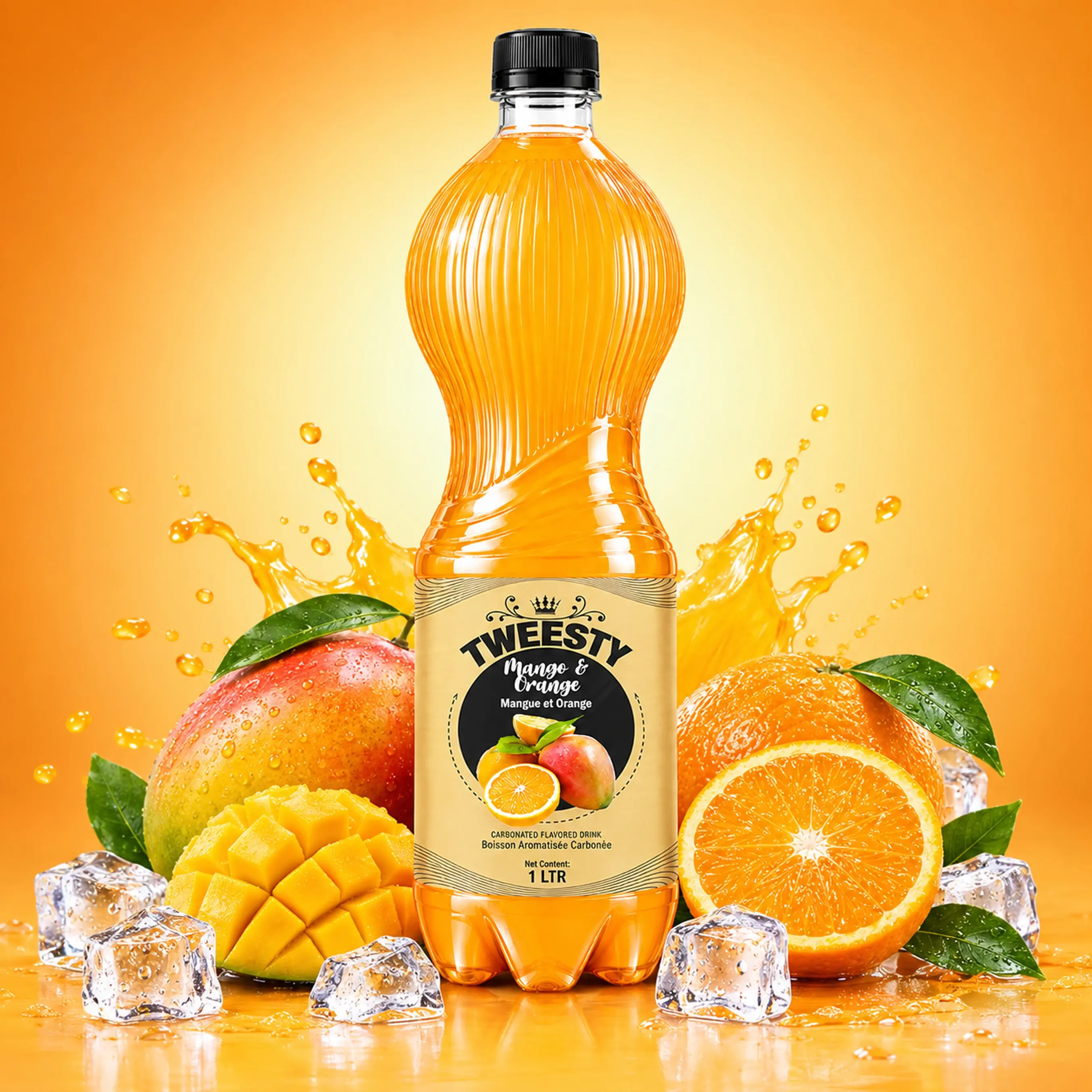 TWEESTY Mango and Orange 1L PET bottle with mango, oranges and ice.